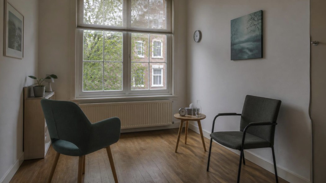Een rustige behandelkamer met twee stoelen en een raam